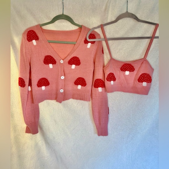 SHEIN Sweaters - SHEIN Pink Mushroom Knit Cardigan and Top Set